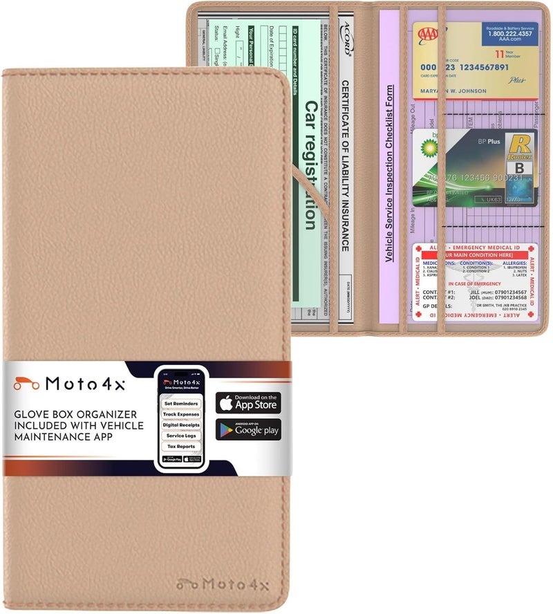 MOTO4X Premium Leather Magnetic Shut Car Registration & Insurance Card Holder, Glove Box Organizer for License, Cards & Documents: Beige - Image 1